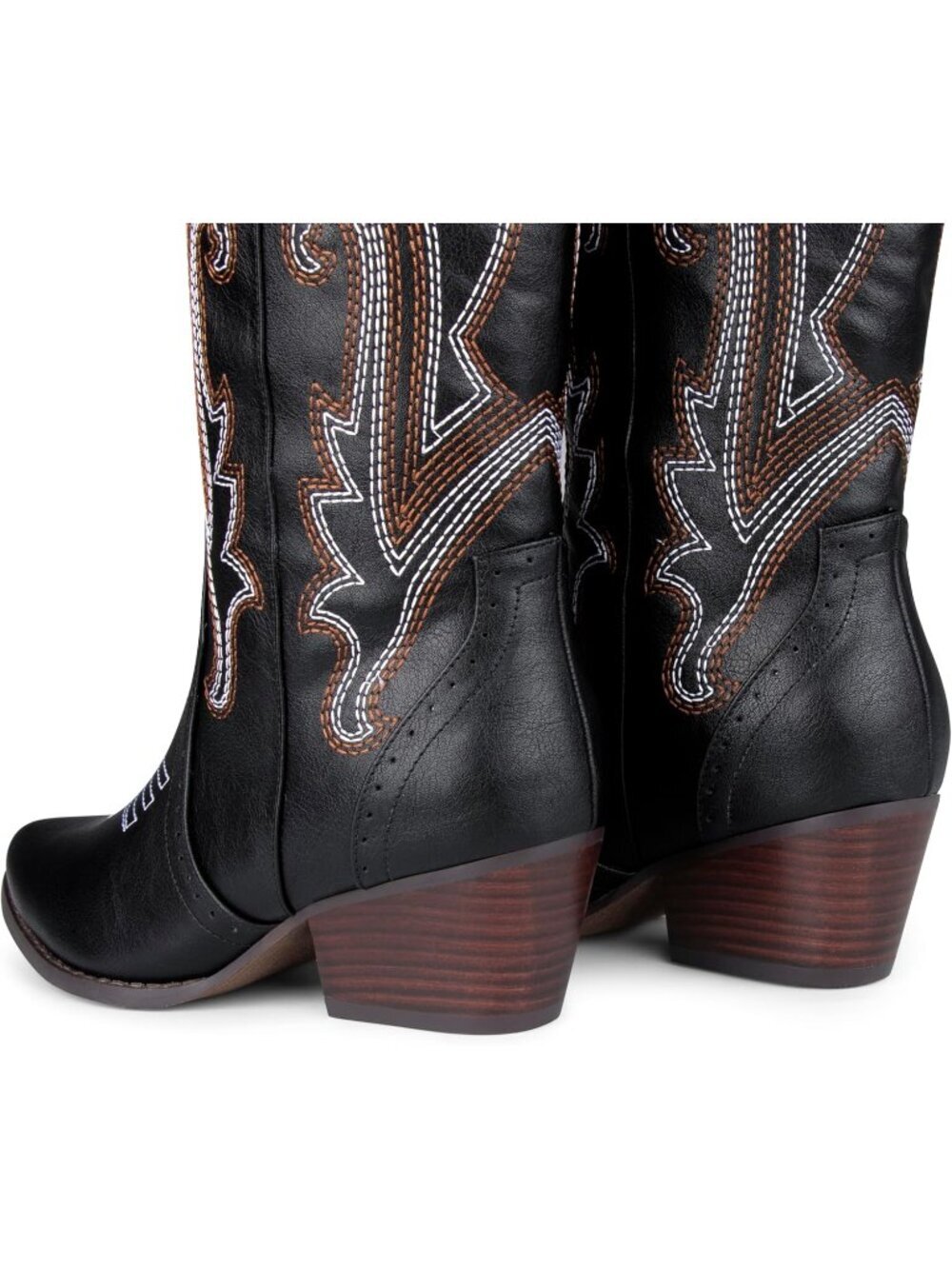 Women’s Black Pull-On Mid-Calf Cowboy Boots Pointed Toe Embroidered Chunky Heel - Picture 4 of 6